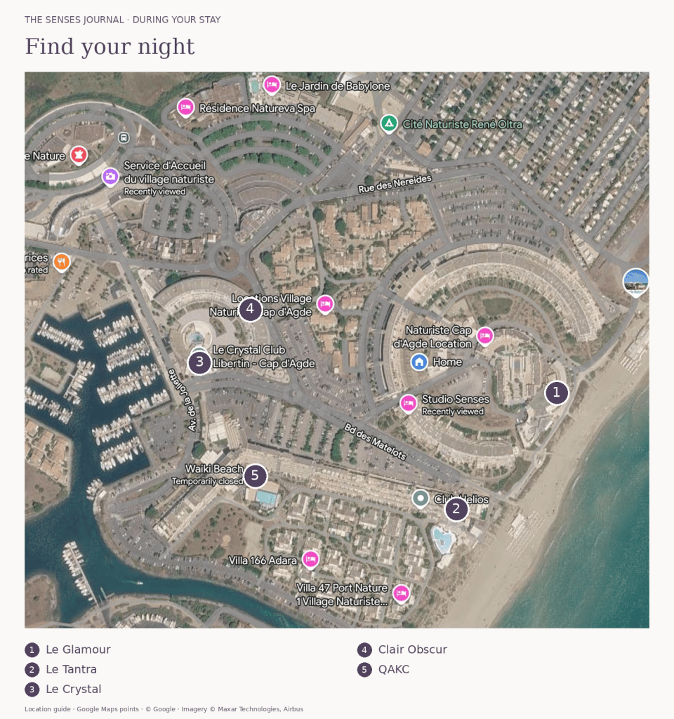 Location guide to five clubs in Cap d’Agde’s Naturist Village: 1 Le Glamour, 2 Le Tantra, 3 Le Crystal, 4 Clair Obscur and 5 QAKC.